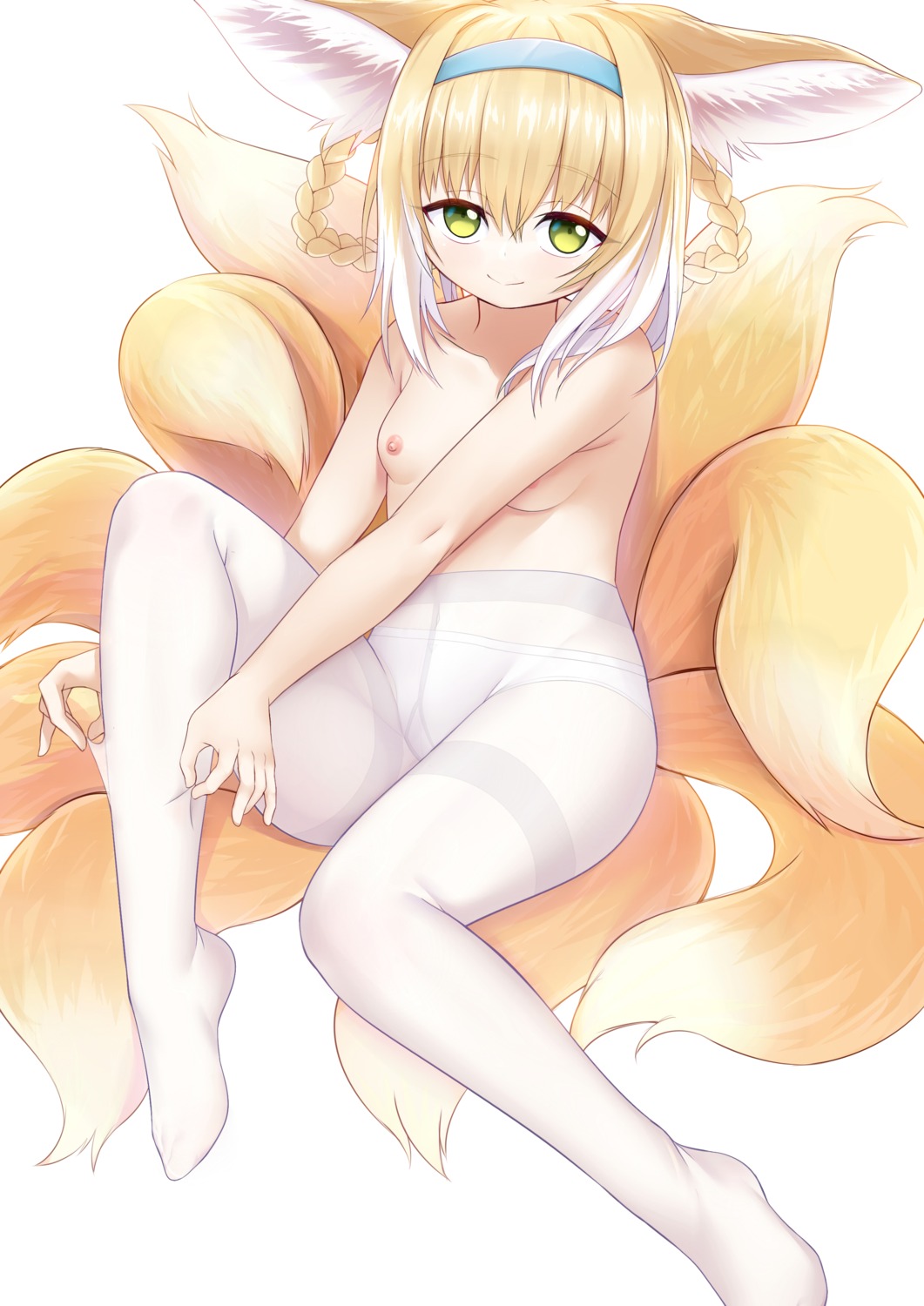 animal_ears arknights caibao kitsune loli nipples pantsu pantyhose suzuran_(arknights) tail topless