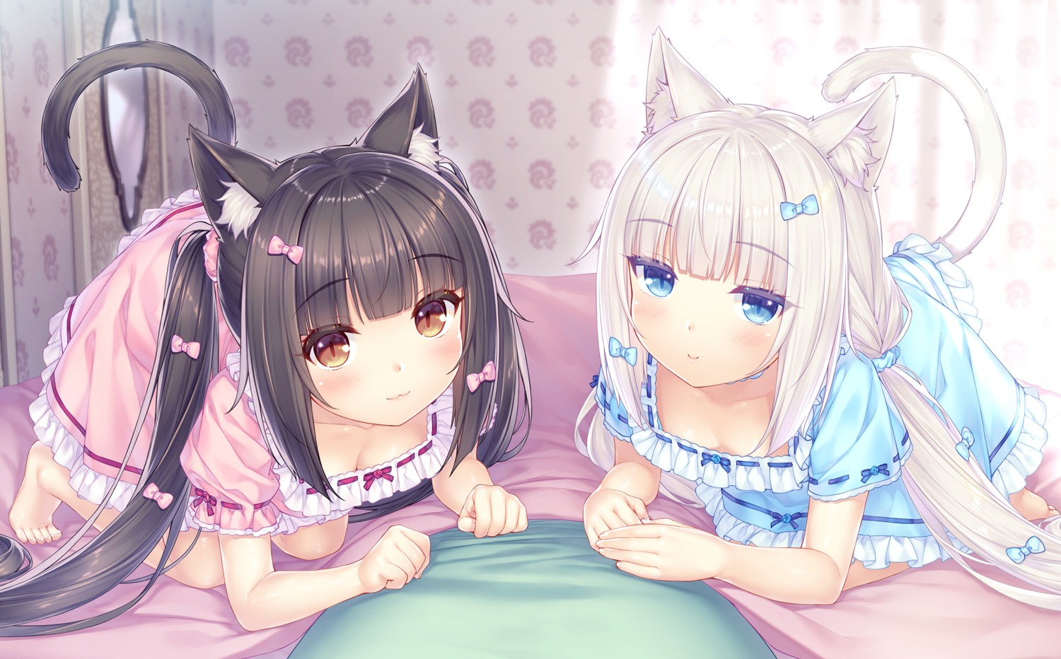 animal_ears chocola cleavage game_cg neko_works nekomimi nekopara pajama sayori tail vanilla