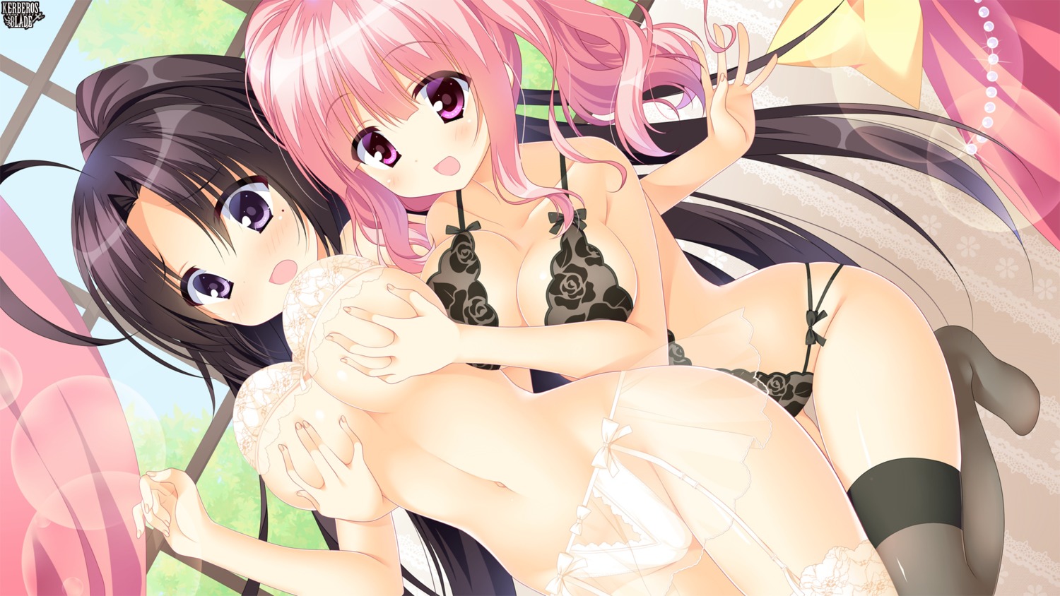 bra breast_grab cleavage kerberos_blade pantsu see_through stockings thighhighs underboob wallpaper yuri yuyumatsu