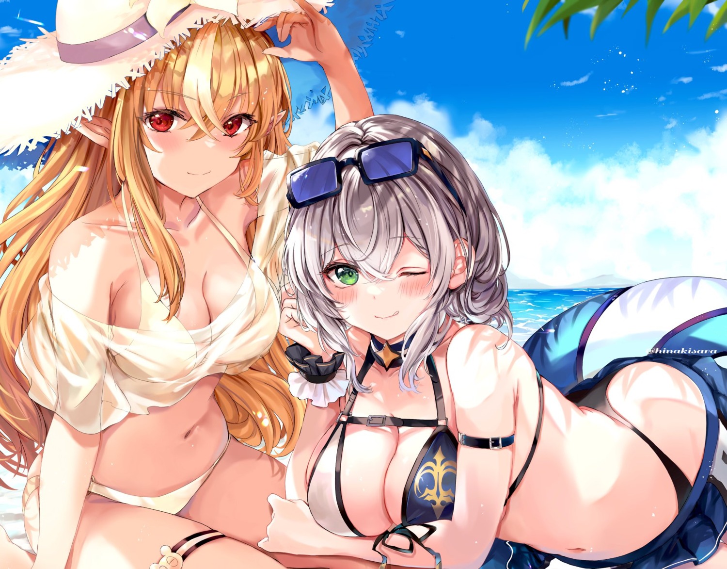 bikini cleavage elf garter hinahino hololive megane pointy_ears see_through shiranui_flare shirogane_noel swimsuits