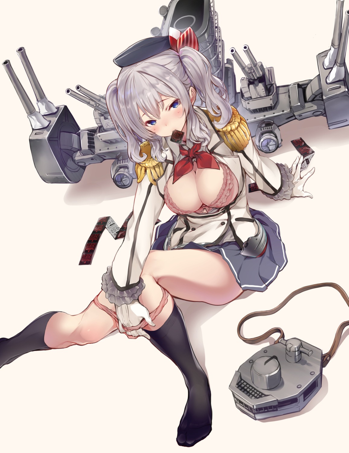 afukuro bra cleavage kantai_collection kashima_(kancolle) open_shirt pantsu panty_pull sabaku_no_tanuki undressing uniform