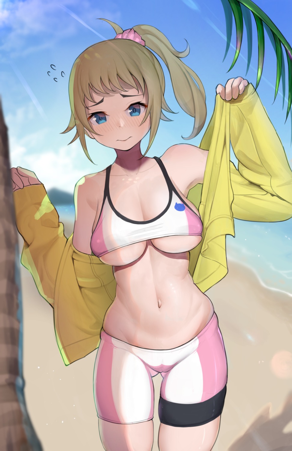 bike_shorts bra cameltoe gatchan gundam gundam_build_fighters hoshino_fumina open_shirt underboob undressing