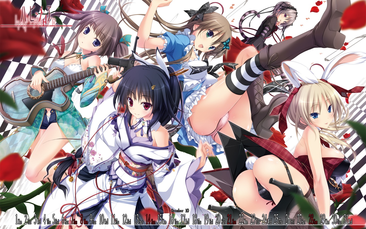 animal_ears ass bunny_ears bunny_girl calendar cameltoe guitar hapymaher hasuno_saki hirasaka_keiko koku naitou_maia pantsu purple_software stockings tail thighhighs toriumi_arisu tsukimori_hiro wallpaper yayoi_b._lutwidge