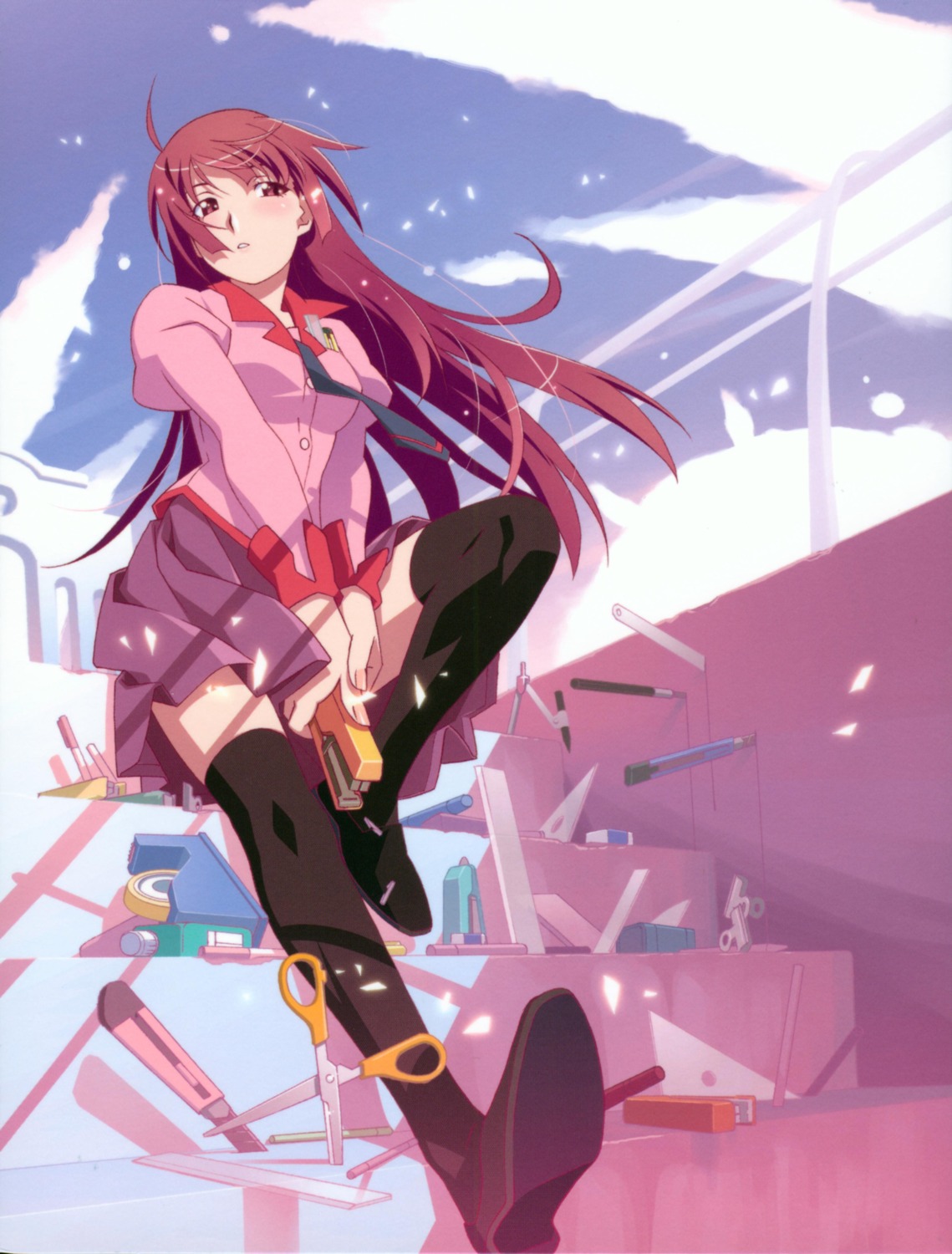 bakemonogatari monogatari_(series) screening seifuku senjougahara_hitagi thighhighs watanabe_akio