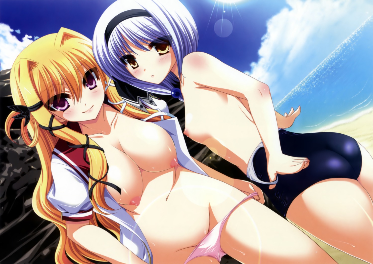 ass breasts nipples no_bra open_shirt pantsu panty_pull sena_riku shin_genre_esudere!! suzutaka_maria_rose swimsuits topless undressing yukizuki_chikuba