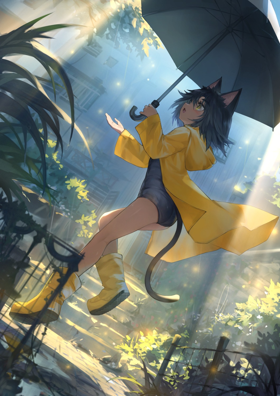 animal_ears ass nekomimi observerz school_swimsuit swimsuits tail umbrella