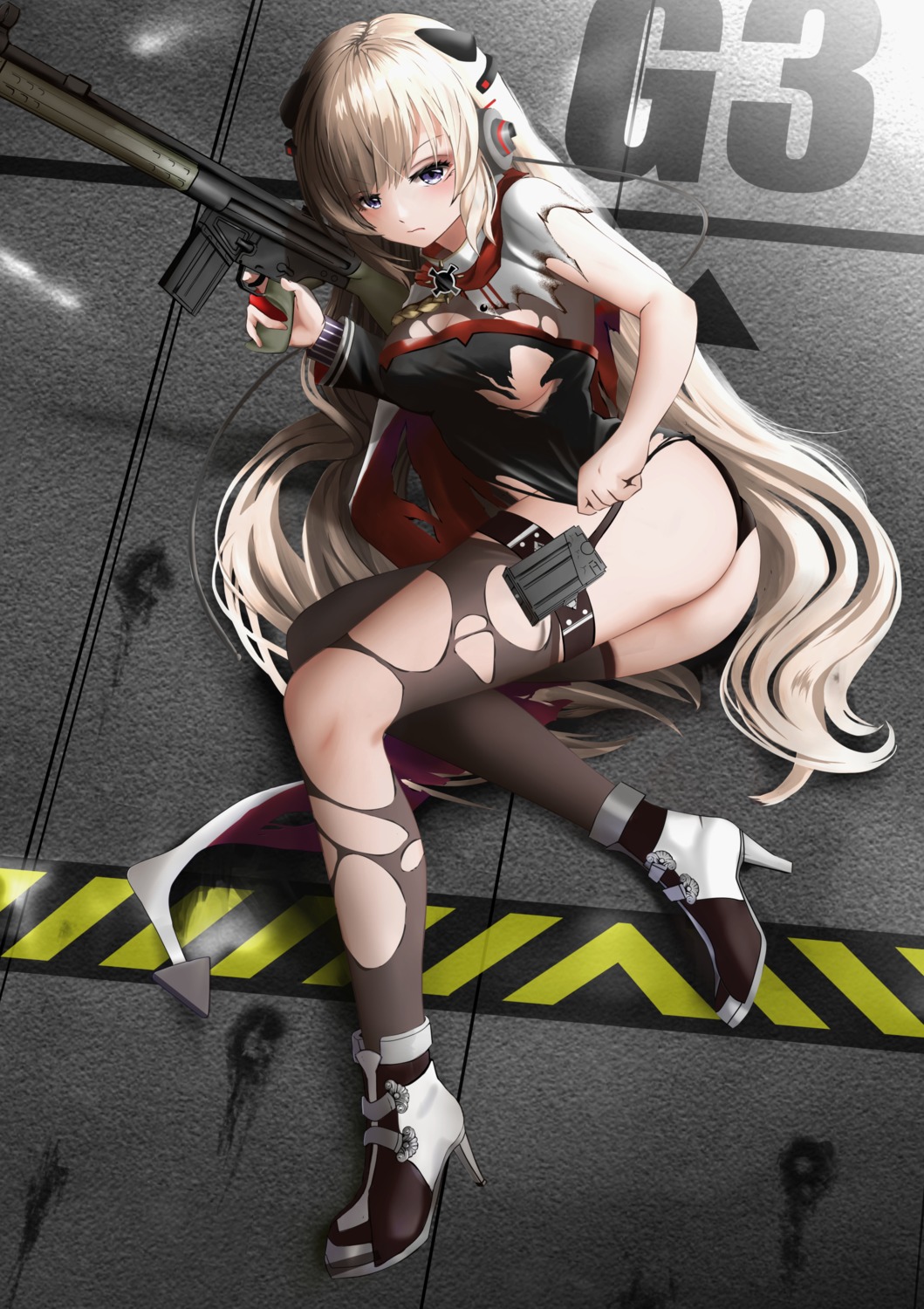 ass g3_(girls_frontline) garter gibun_(sozoshu) girls_frontline gun heels no_bra pantsu stockings thighhighs thong torn_clothes uniform