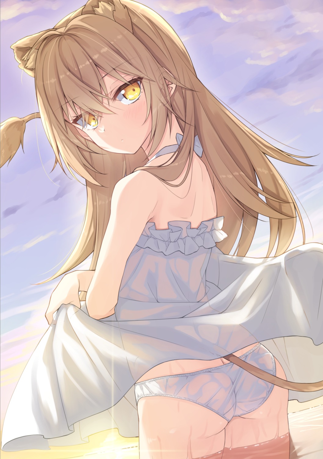 animal_ears ass dress ina_(inadahime) indie_virtual_youtuber nekomimi pantsu rurudo_lion see_through skirt_lift summer_dress tail wet wet_clothes