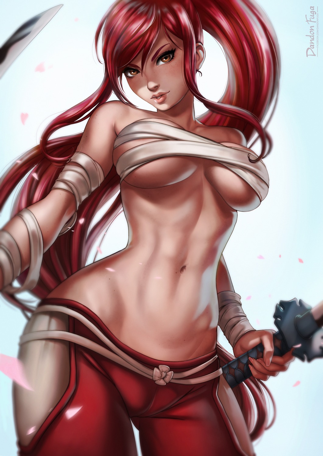 bandages cameltoe dandon_fuga erza_scarlet fairy_tail sarashi sword underboob