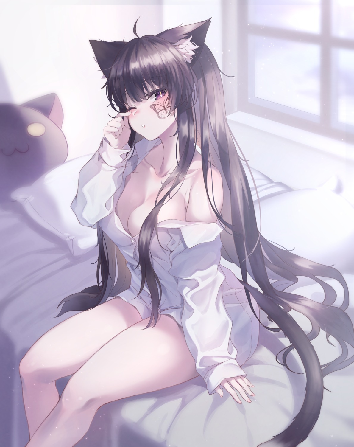 animal_ears dress_shirt jingo nekomimi no_bra open_shirt sul-lin-a tail tattoo