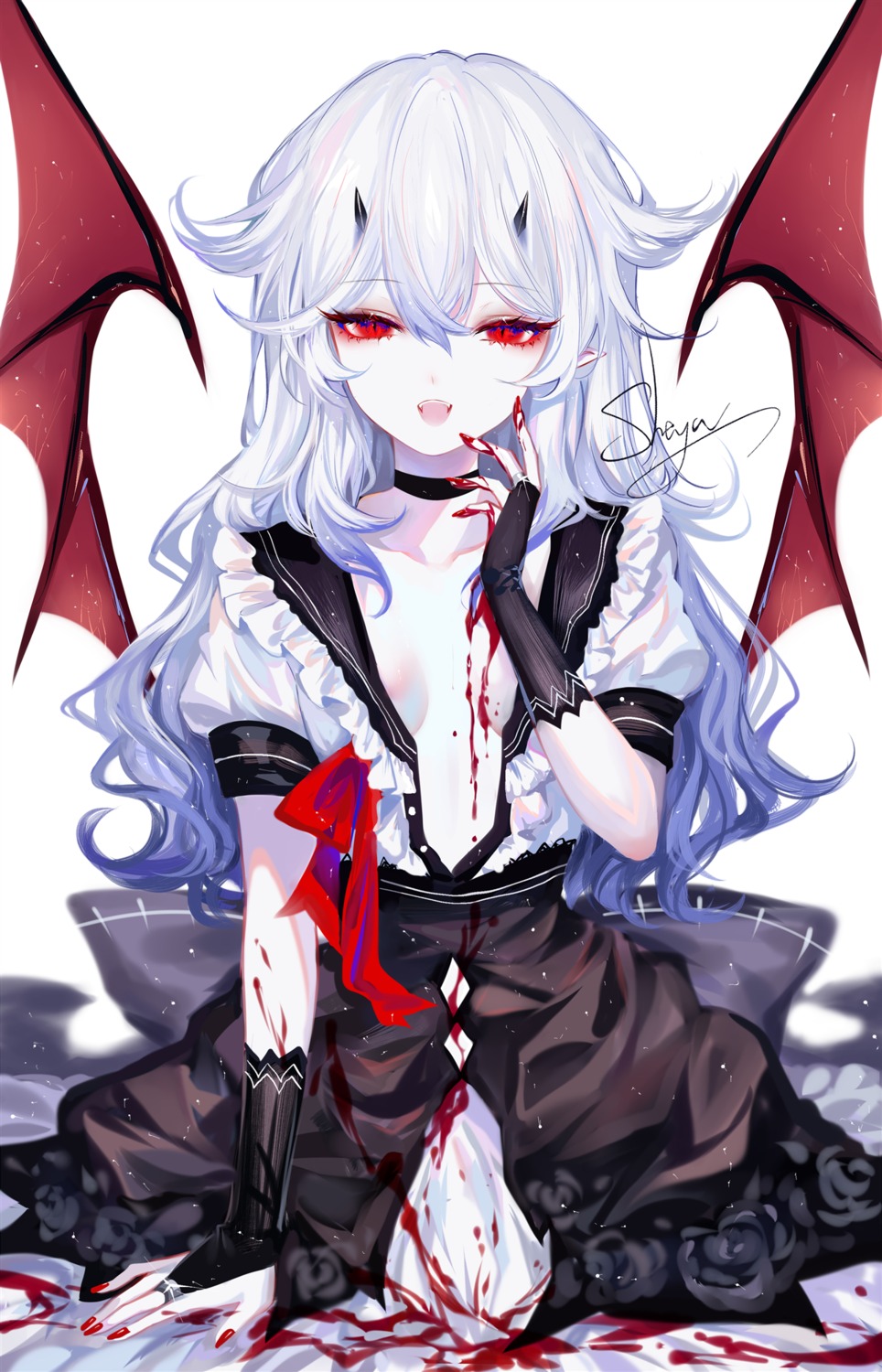 blood horns lolita_fashion no_bra open_shirt pointy_ears sheya wings