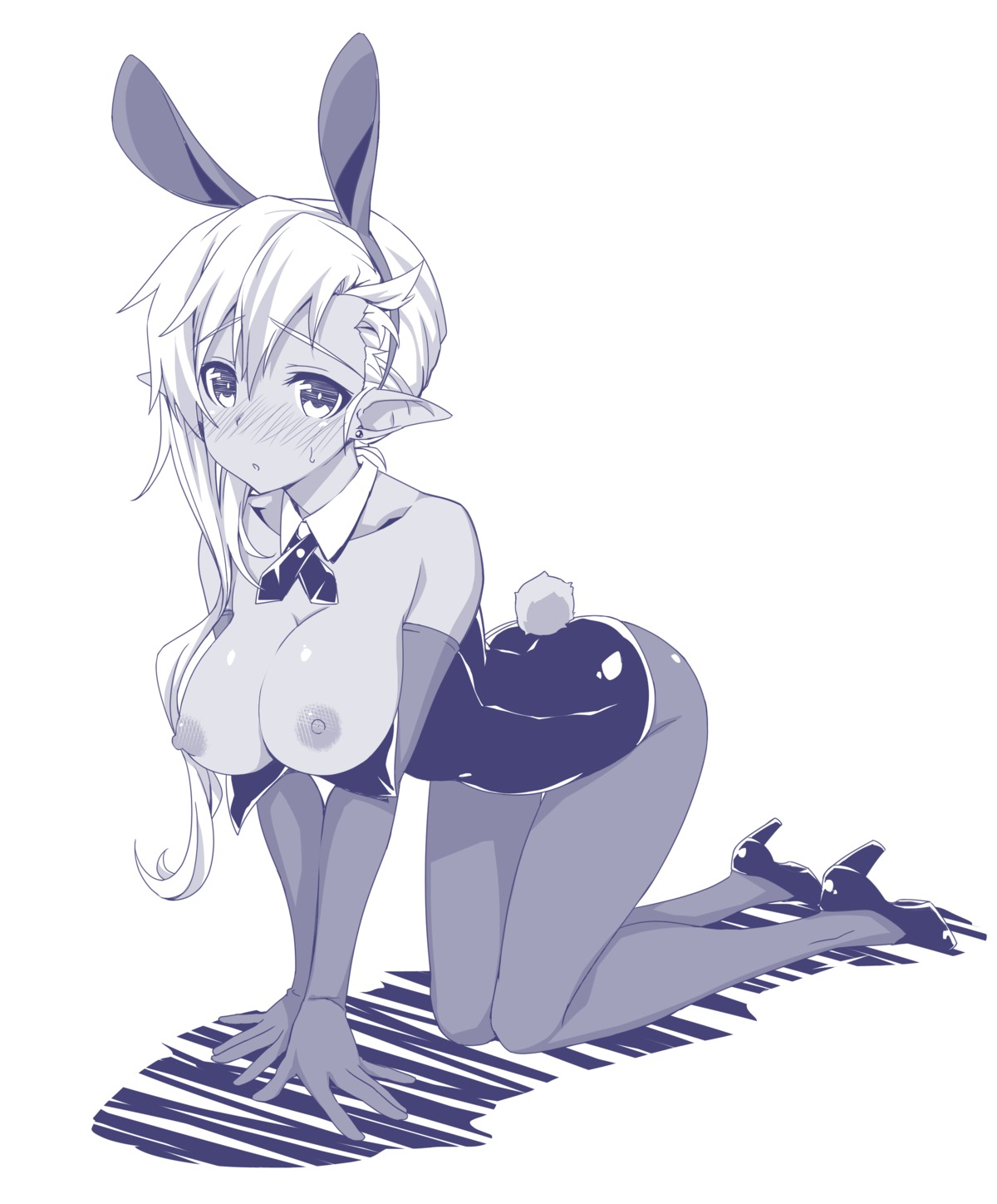 animal_ears breasts bunny_ears bunny_girl heels monochrome nipples no_bra pantyhose pointy_ears satou_(kuso-neet) tail