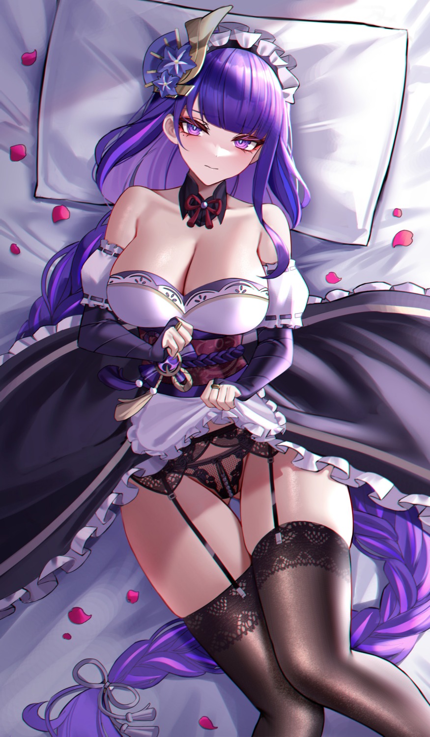 eternity_(shadeh) garter_belt genshin_impact lingerie maid no_bra pantsu raiden_shogun skirt_lift stockings thighhighs wa_maid