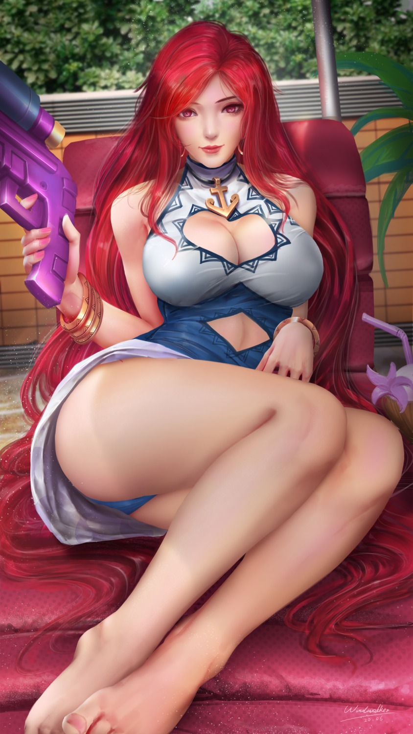 cleavage dress feet gun league_of_legends miss_fortune pantsu skirt_lift windwalker