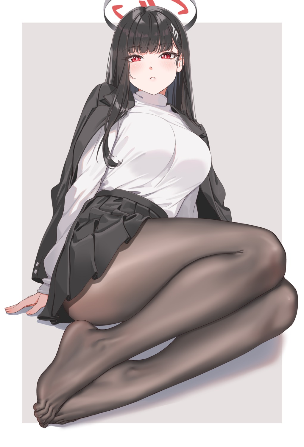 blue_archive business_suit fangxiang_cuoluan feet halo pantyhose skirt_lift sweater tsukatsuki_rio