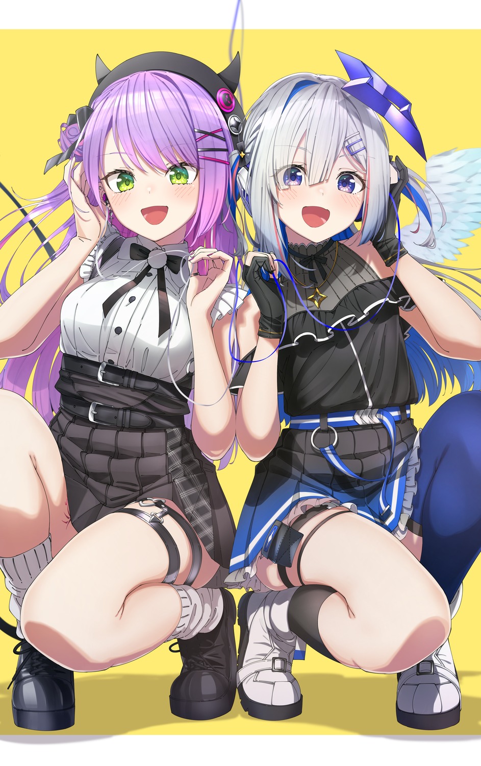 amane_kanata angel garter hololive horns shinomu_(cinomoon) skirt_lift tail tattoo thighhighs tokoyami_towa wings