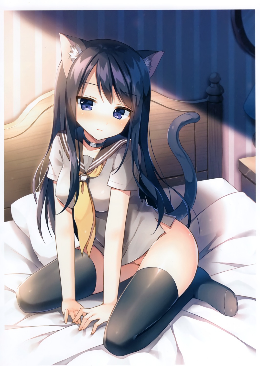 animal_ears bottomless mauve nekomimi seifuku tail thighhighs wata★punch