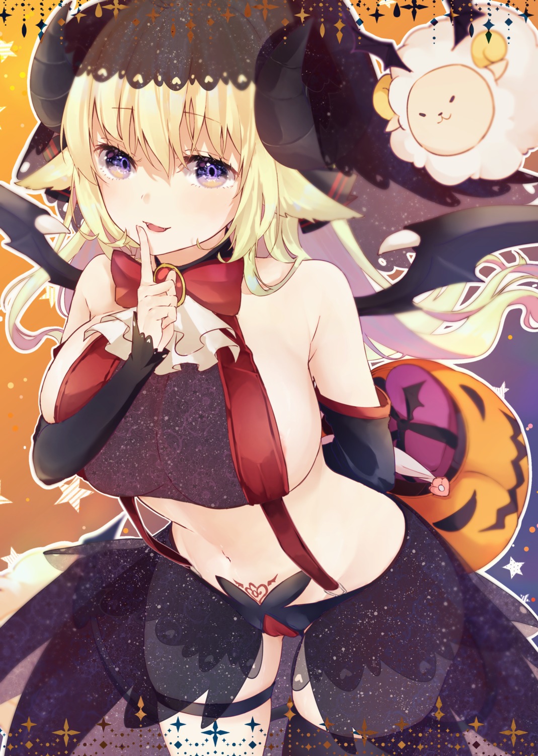 areola cameltoe garter halloween hololive horns no_bra pantsu see_through tail tattoo thighhighs tsunomaki_watame wings