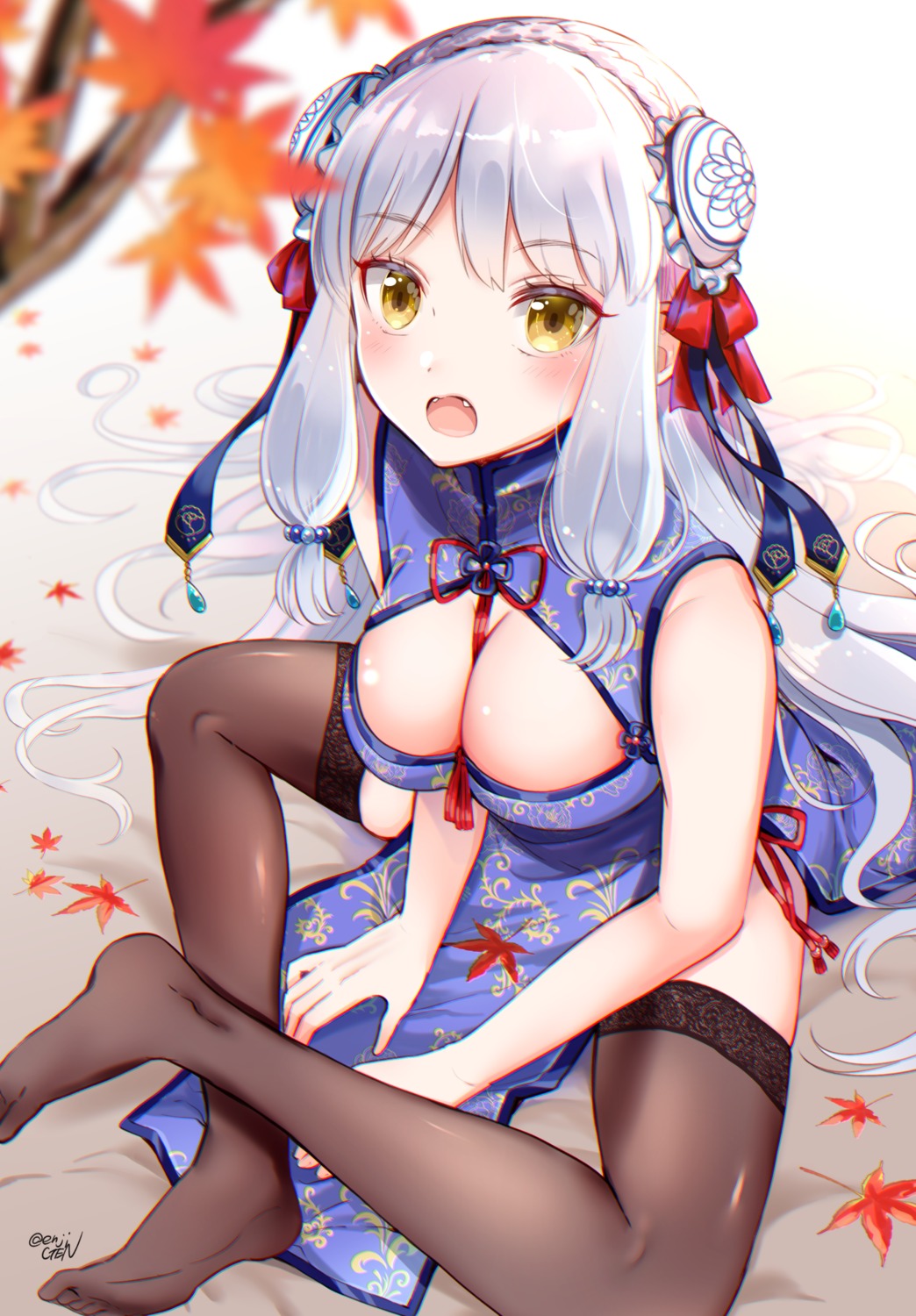 chinadress cleavage gen_(enji) no_bra skirt_lift thighhighs