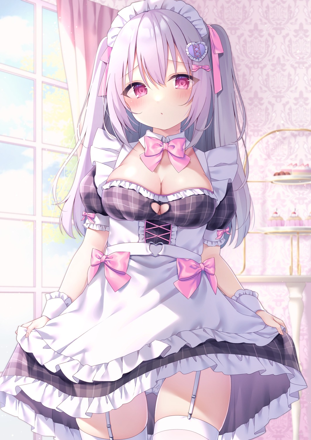 maid momochi_chia no_bra pantsu skirt_lift stockings thighhighs