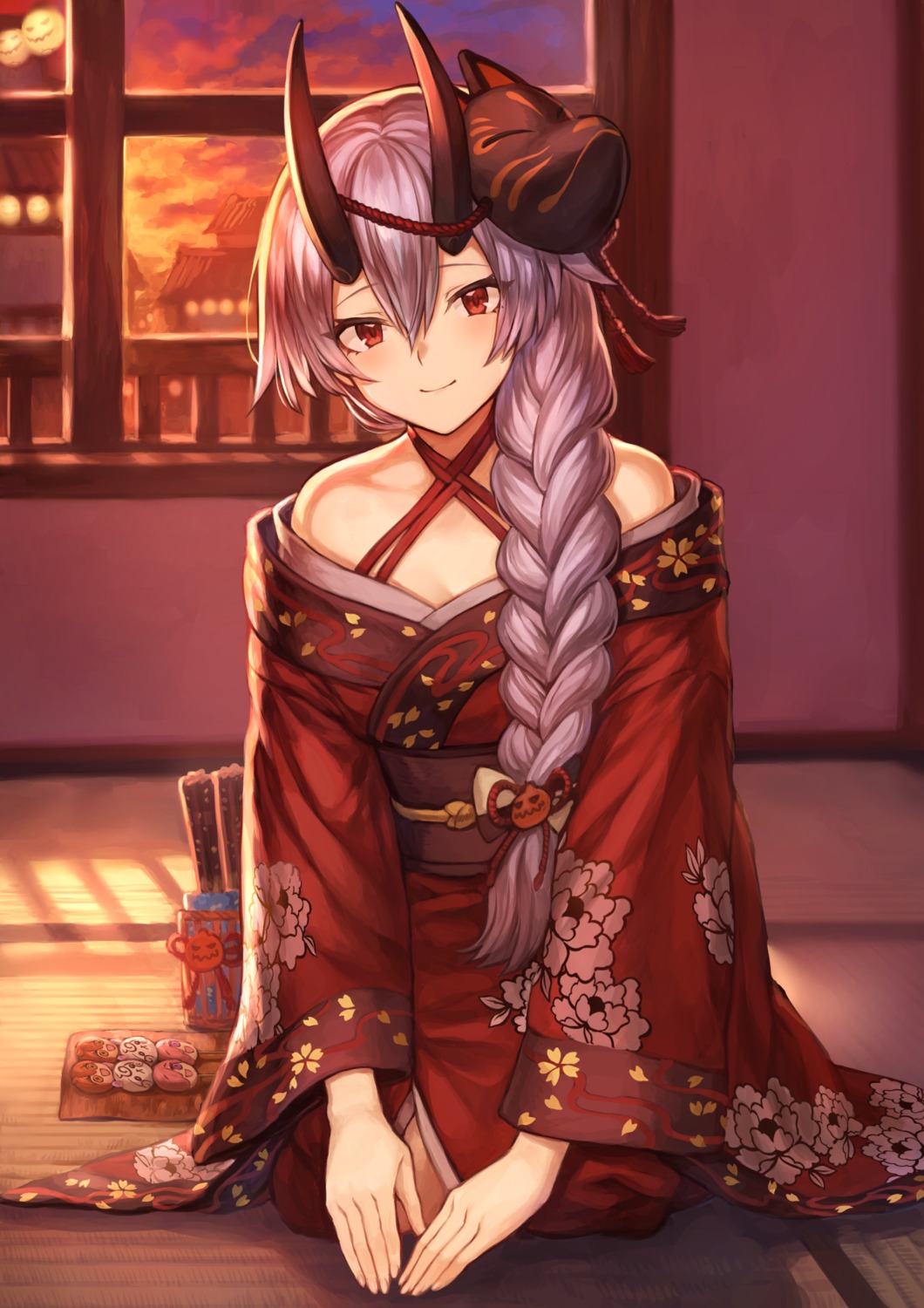 fate/grand_order horns kimono mashu_(003) tomoe_gozen_(fate/grand_order)