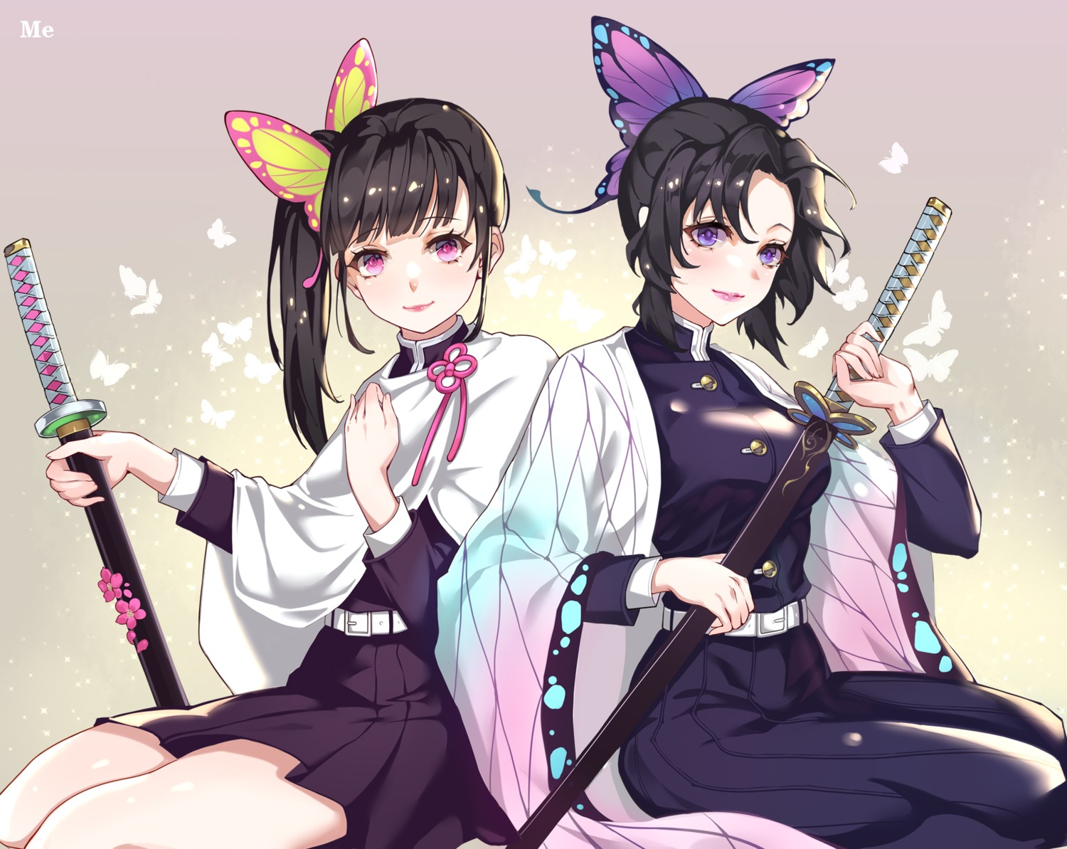 breast_hold japanese_clothes kimetsu_no_yaiba kochou_shinobu melailai seifuku sword tsuyuri_kanao uniform