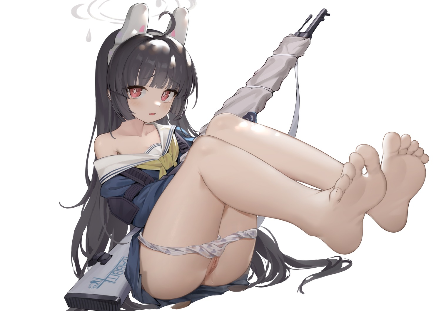 amiemie117 animal_ears blue_archive bunny_ears feet gun halo kasumizawa_miyu loli pantsu panty_pull pussy seifuku skirt_lift uncensored