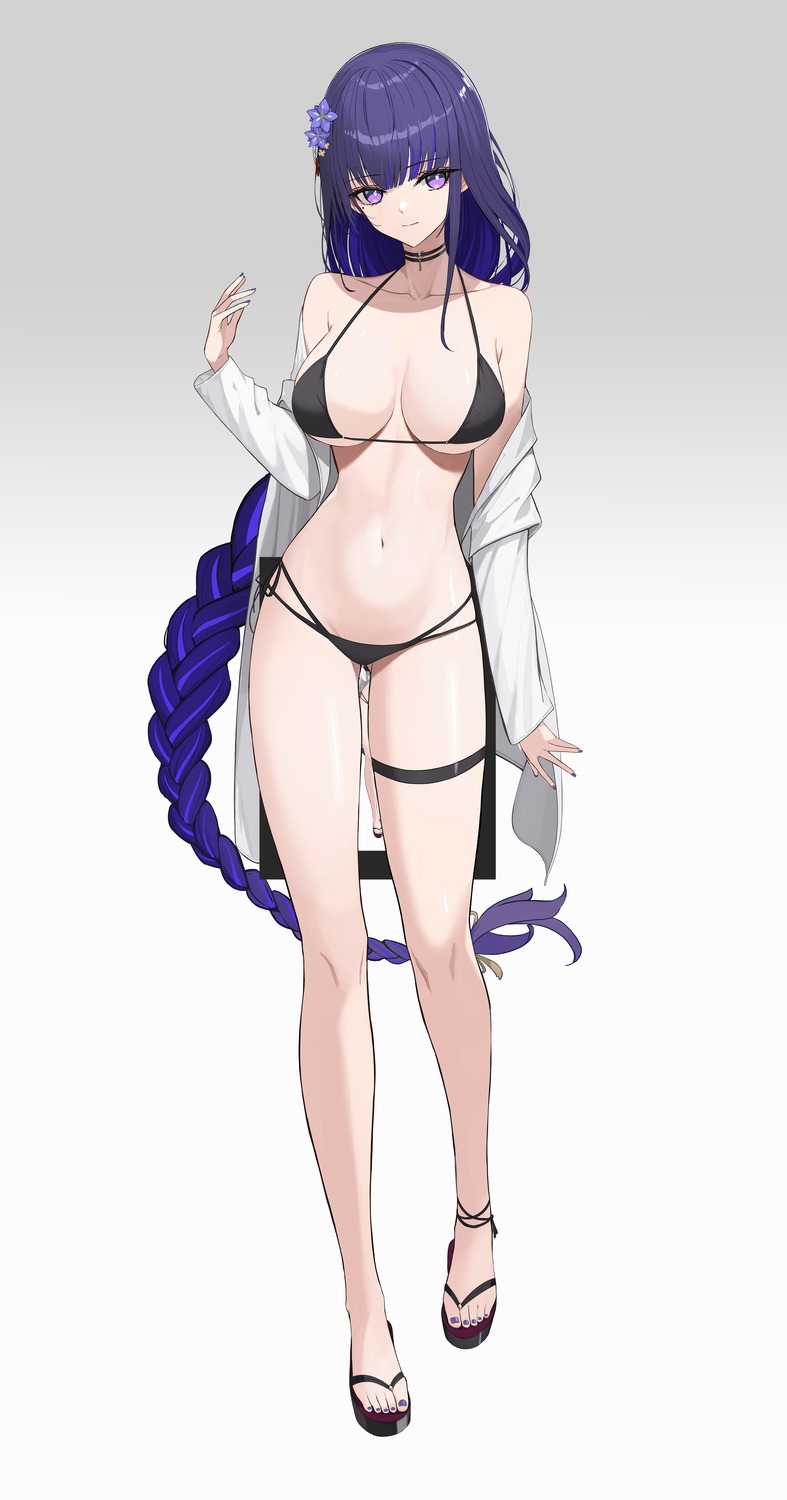 bikini garter genshin_impact open_shirt raiden_shogun rikui_(rella2930) swimsuits