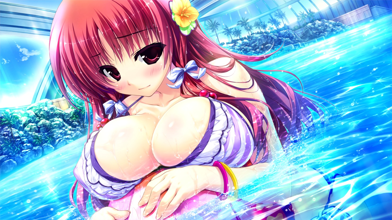 bikini breast_hold cleavage clochette erect_nipples game_cg prism_recollection renjou_sayaka shintarou swimsuits