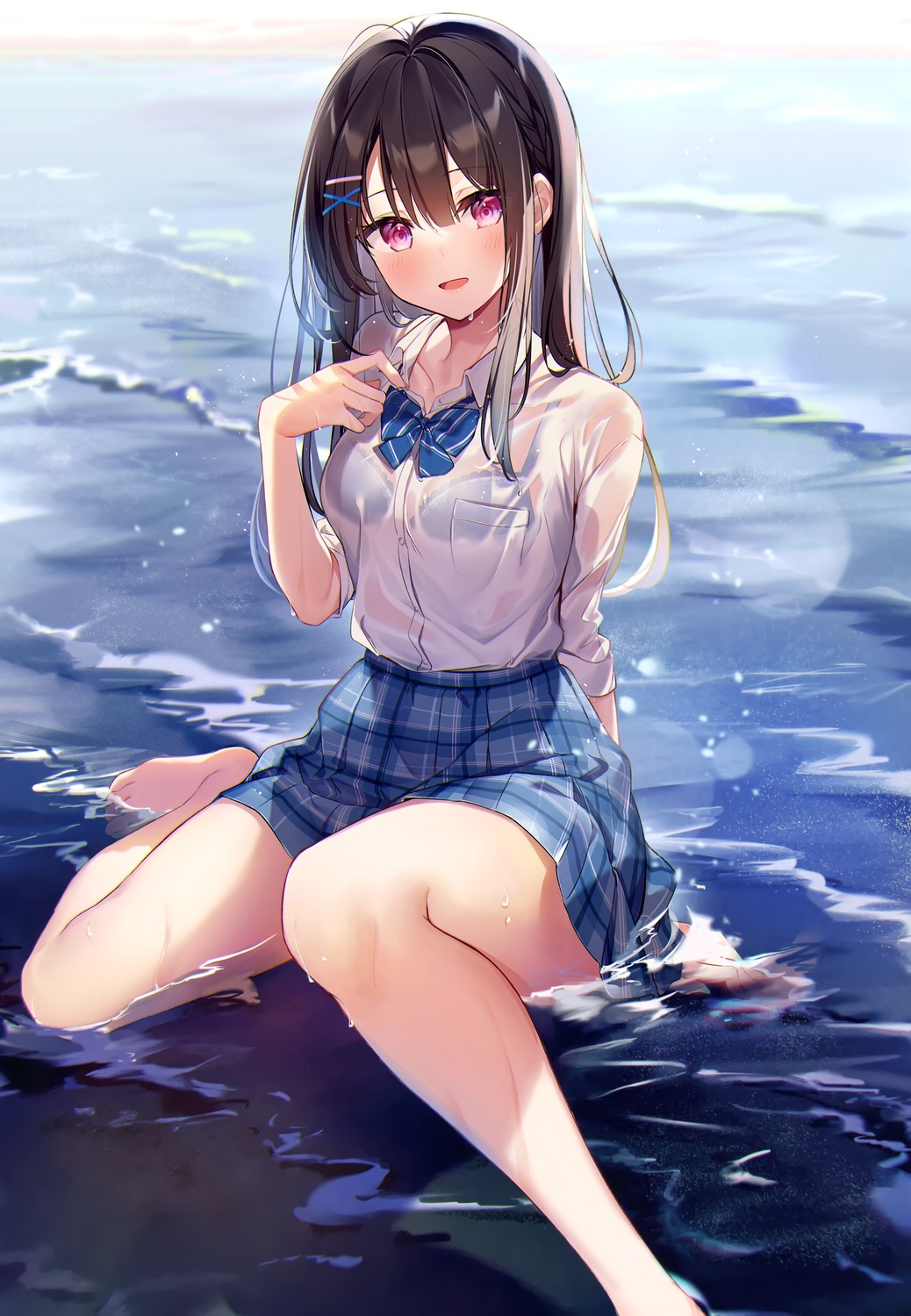 bra kisaragi_yuri koharu_shoujo see_through seifuku skirt_lift tachibana_sara_(kisaragi_yuri) wet wet_clothes