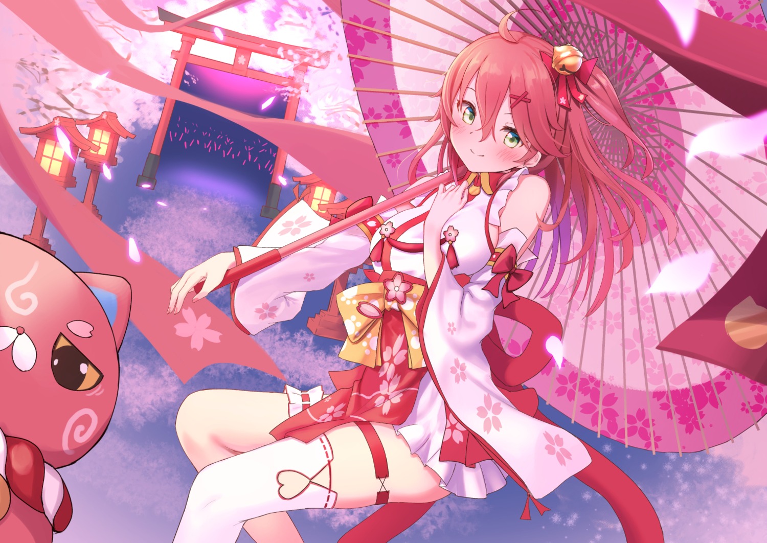 garter hololive japanese_clothes roke_(taikodon) sakura_miko thighhighs umbrella