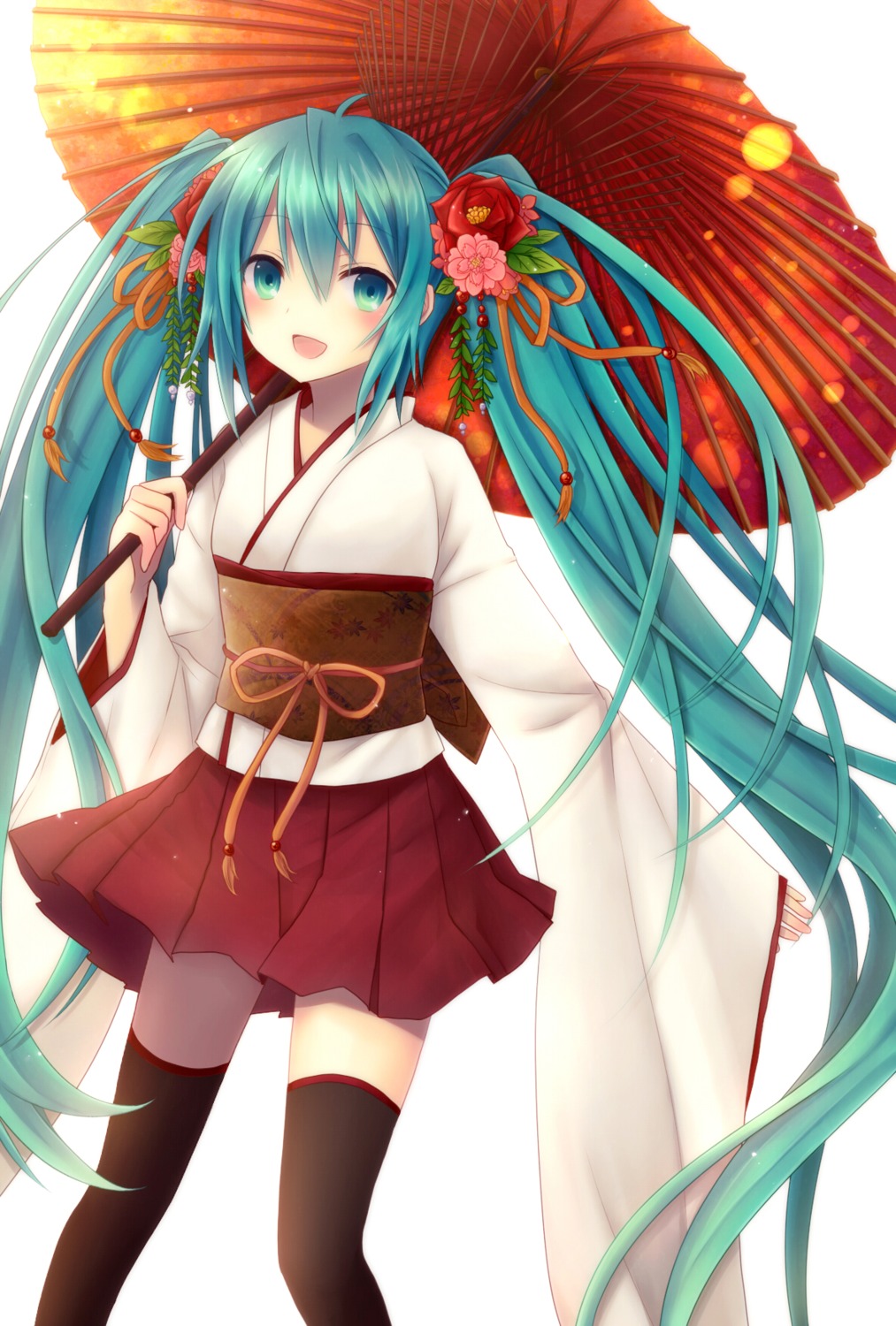 amano_sora hatsune_miku japanese_clothes thighhighs vocaloid