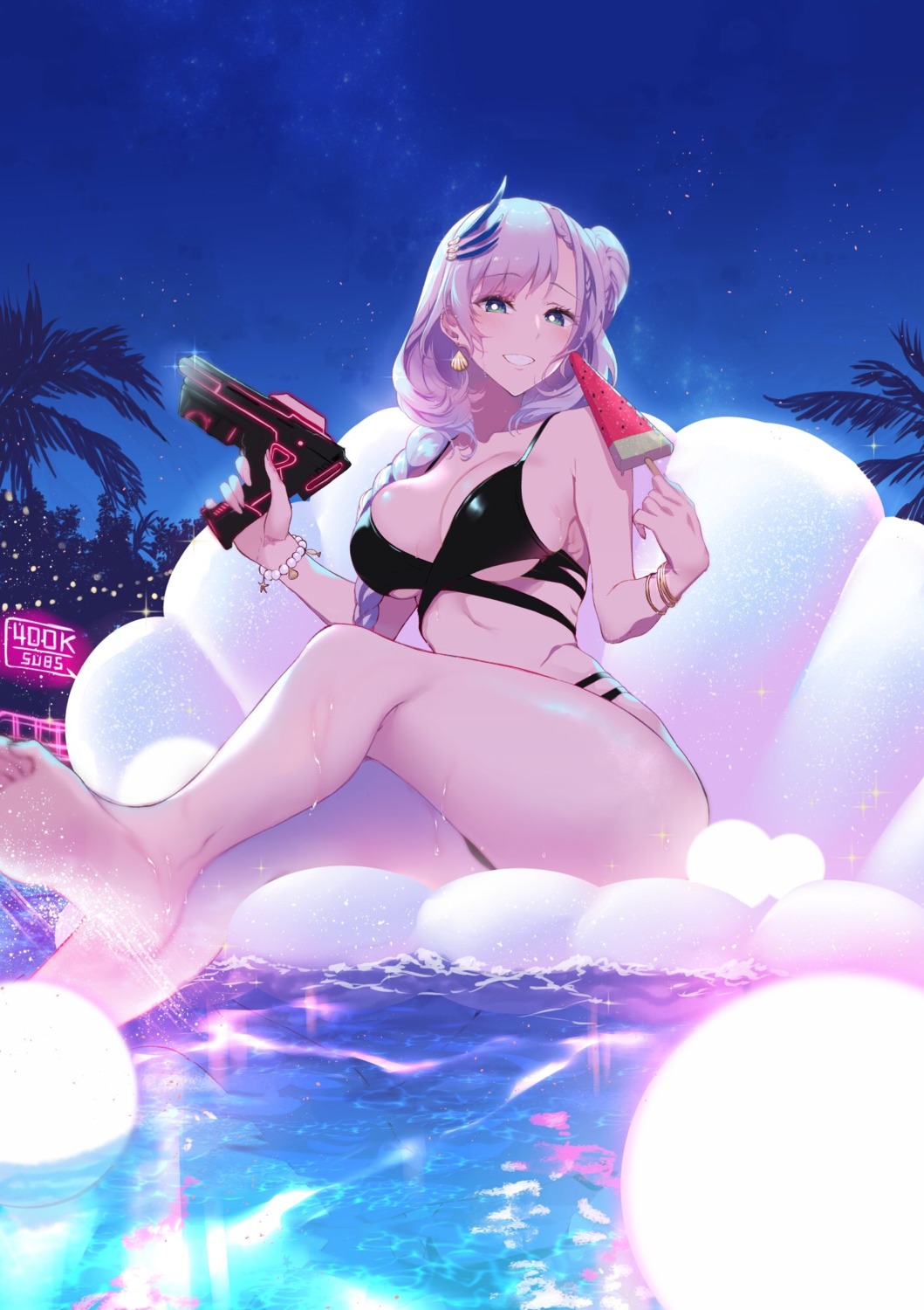 bikini feet gun hololive hololive_indonesia pavolia_reine pochi_(pochi-goya) swimsuits thong wet