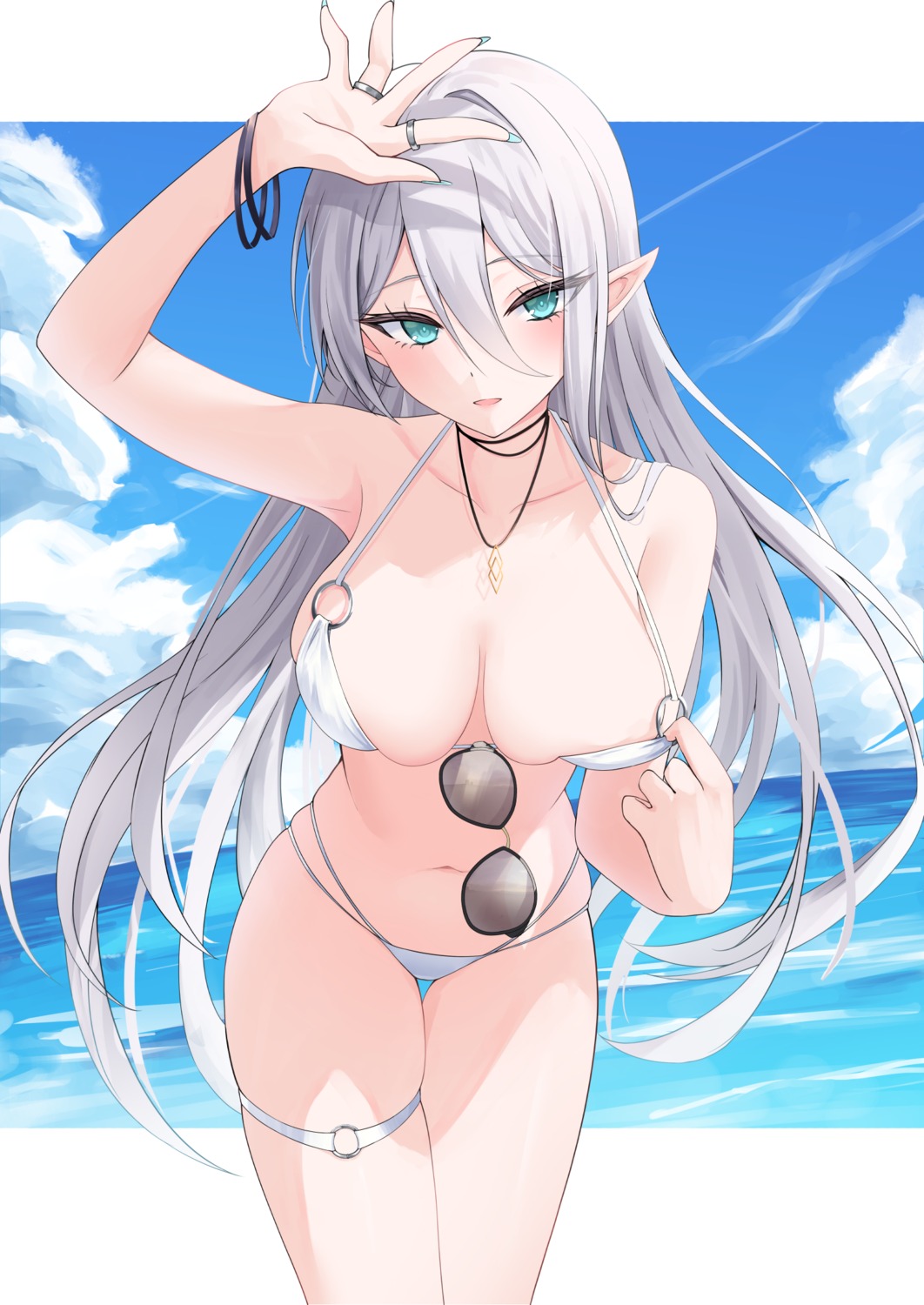 bikini elf garter megane mikoto_paint pointy_ears swimsuits undressing