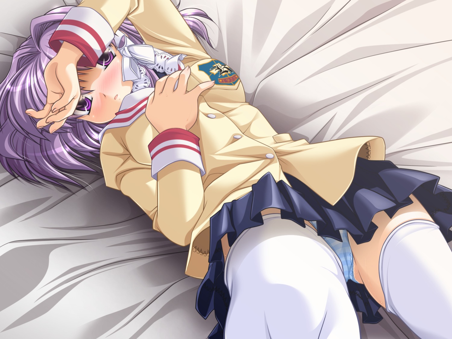 clannad fujibayashi_kyou pantsu seifuku shimapan thighhighs wallpaper watsuki_ayamo watsukiya