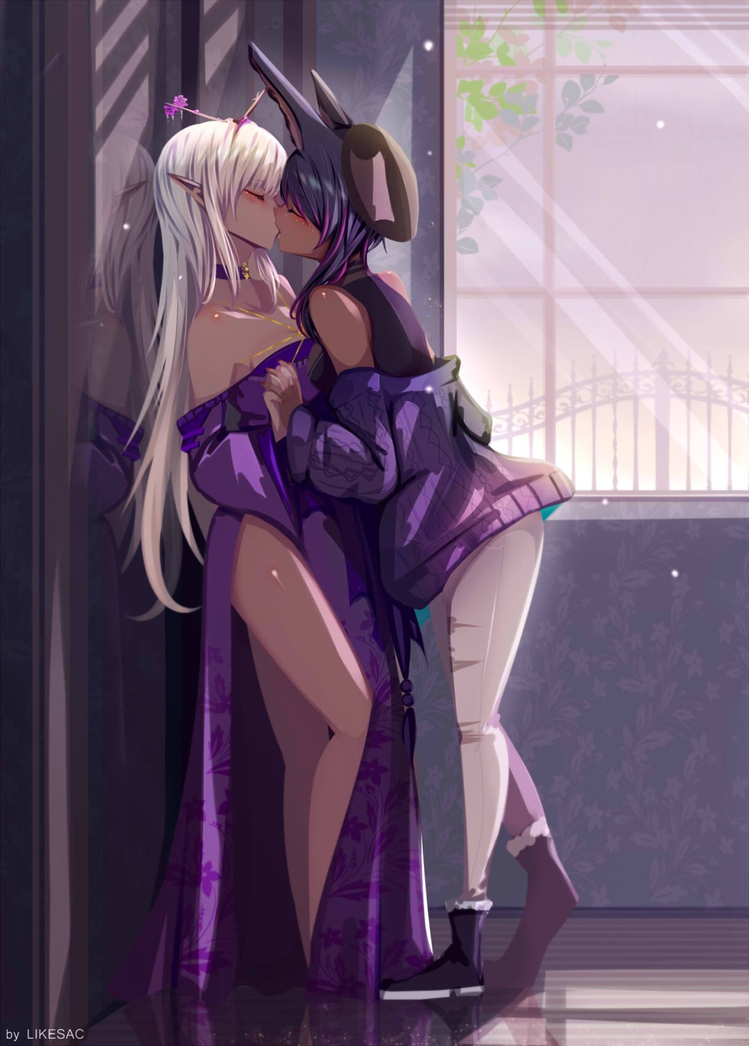 animal_ears dress elf likesac no_bra pointy_ears sweater symmetrical_docking yuri