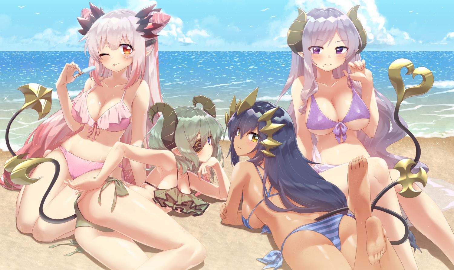 ass bikini eyepatch feet honey_strap horns mizunashi_(second_run) nanashi_inc. pointy_ears saionji_mary sekishiro_mico shimamura_charlotte suou_patra swimsuits tail