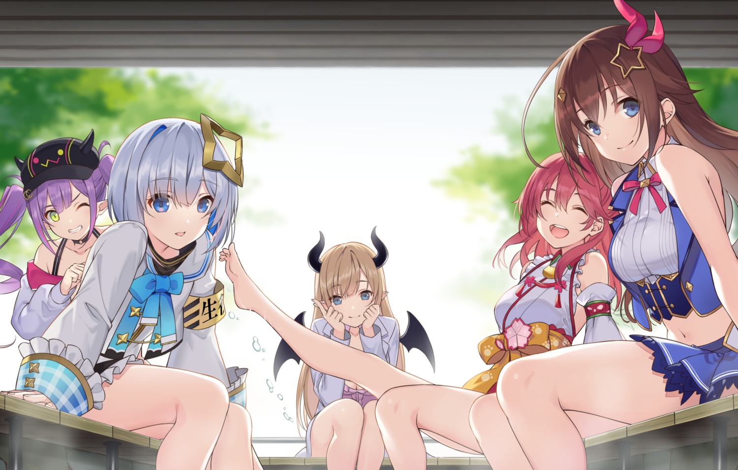 akanebi amane_kanata angel feet hololive horns japanese_clothes pointy_ears sakura_miko seifuku tokino_sora tokoyami_towa wings yuzuki_choco