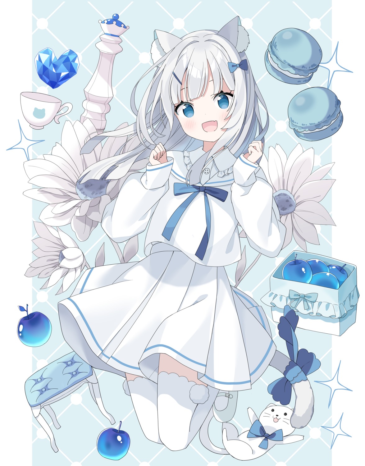 animal_ears neko nekomimi seifuku skirt_lift tail tantan_men_(dragon) thighhighs