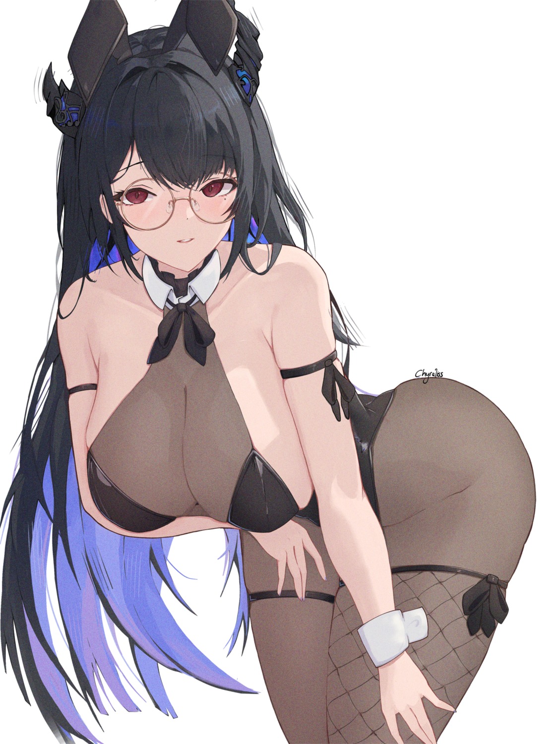 animal_ears bunny_ears bunny_girl chyraliss fishnets garter hololive hololive_english horns megane nerissa_ravencroft no_bra pantyhose see_through thighhighs