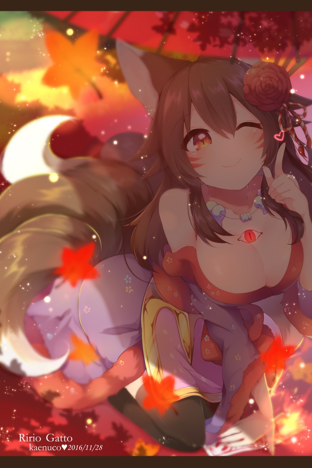 animal_ears cleavage kaenuco kitsune tail thighhighs umbrella