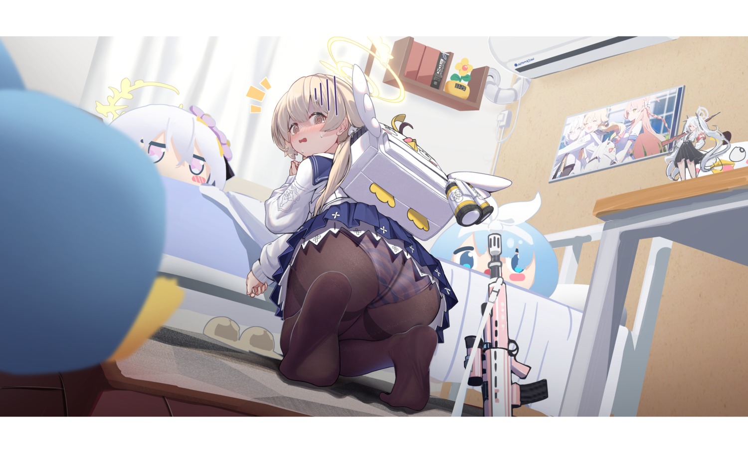 ajitani_hifumi ass blue_archive feet gun halo pantsu pantyhose seifuku shimapan skirt_lift xintianou