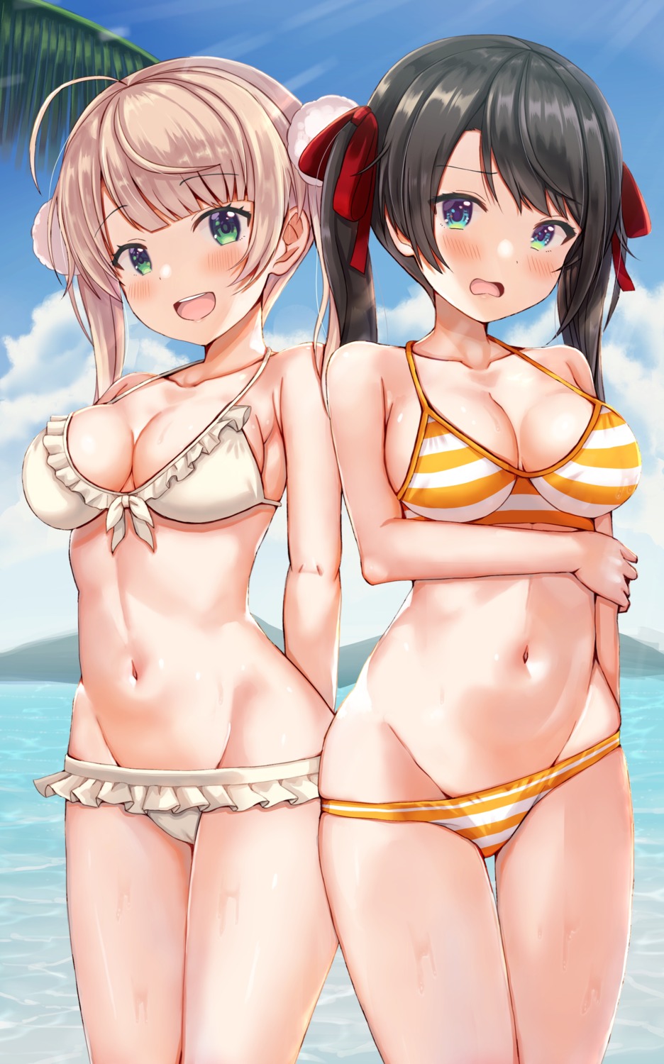 bikini cameltoe crossover hololive indie_virtual_youtuber nootomo oozora_subaru panty_pull shigure_ui_(vtuber) swimsuits wet