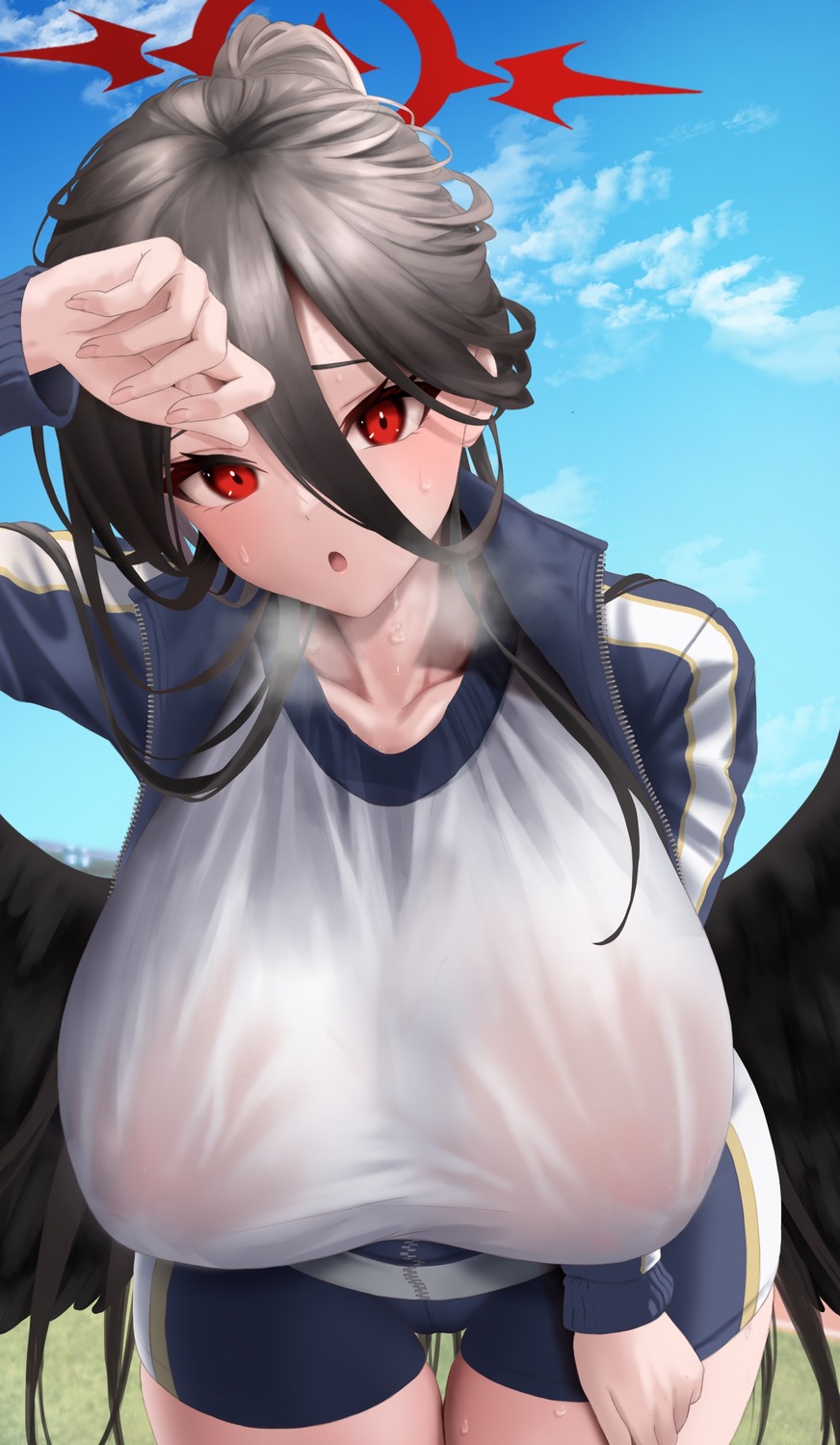 angel blue_archive gym_uniform hanekawa_hasumi no_bra see_through wet_clothes wings yumeto_(ym-1)