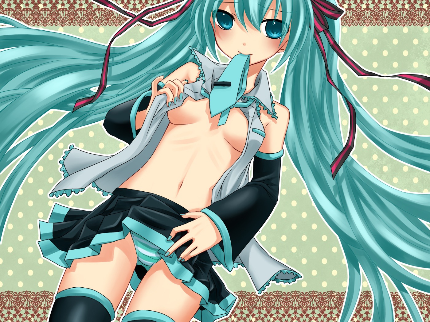 breasts hatsune_miku no_bra open_shirt pantsu skirt_lift thighhighs vocaloid yayoi