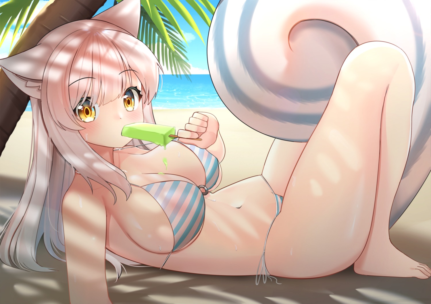 animal_ears areola bikini cream neko_lu_(wofud453) see_through swimsuits tail