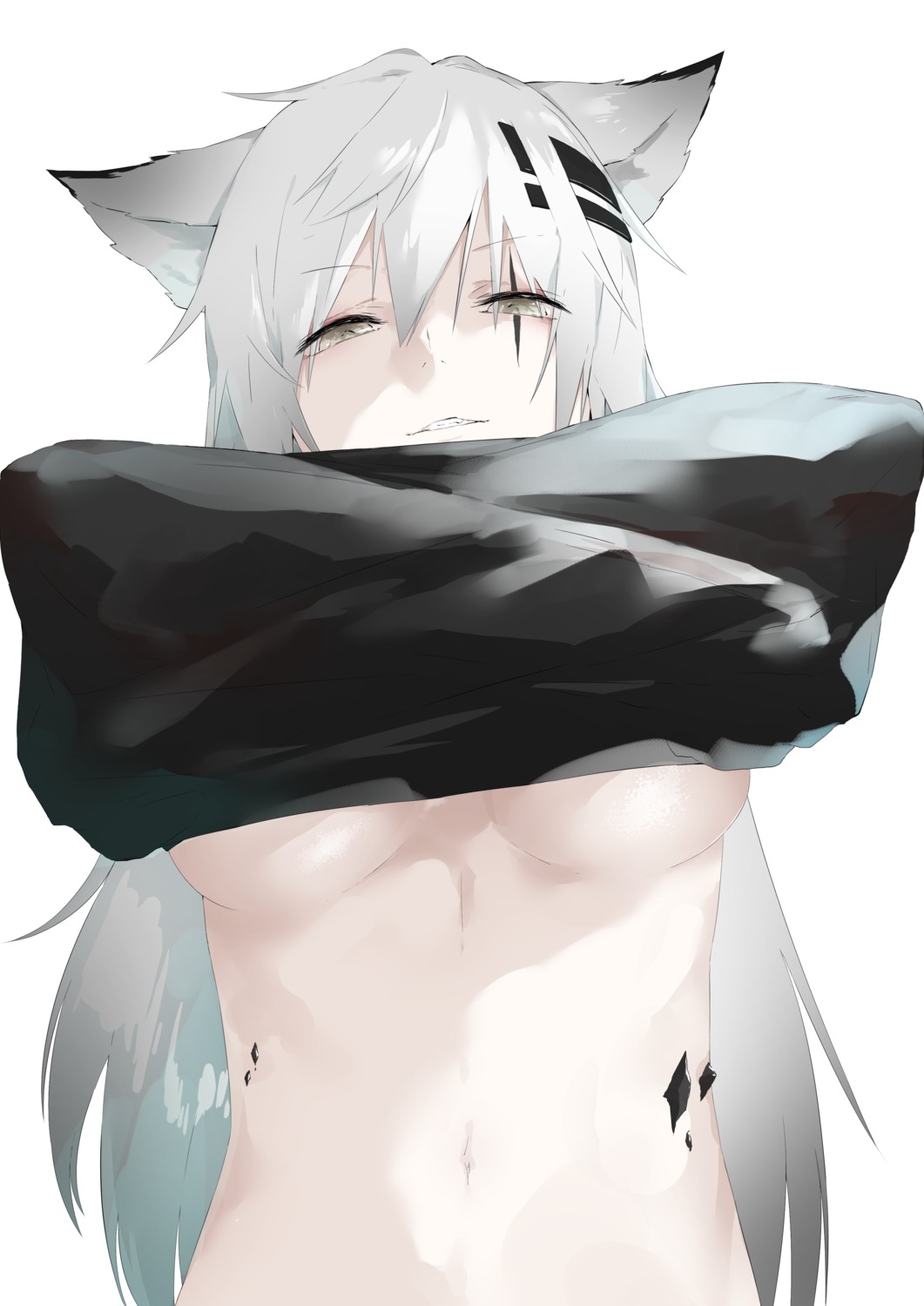 animal_ears arknights lappland_(arknights) no_bra shirt_lift tagme underboob undressing