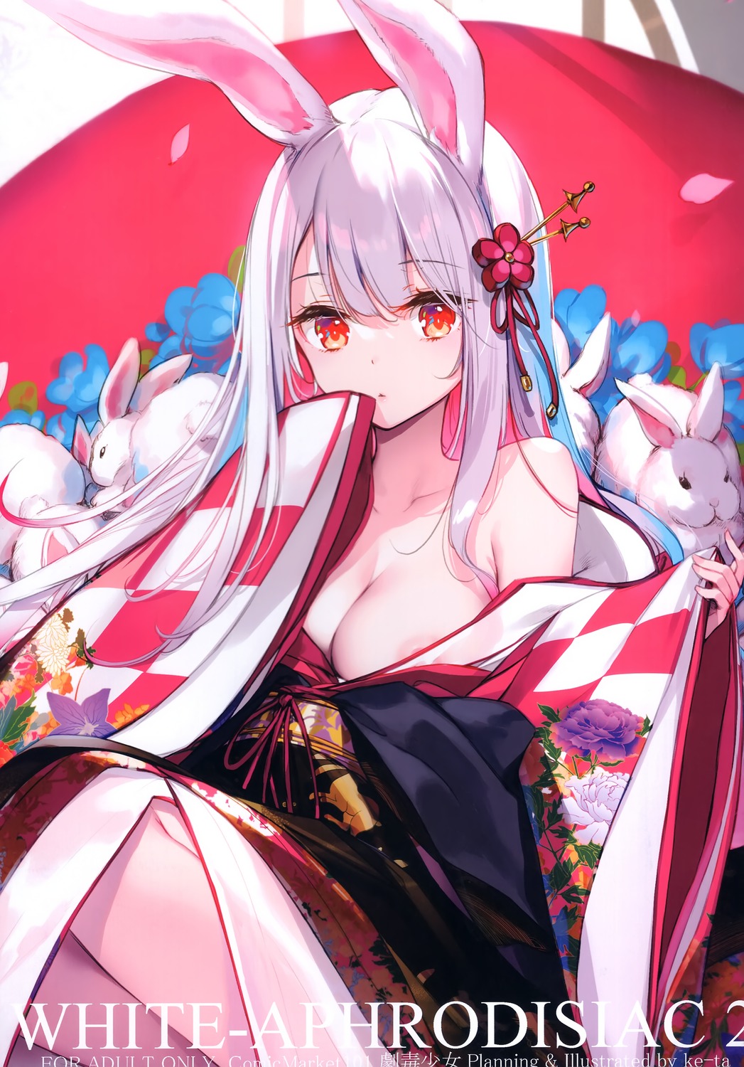 animal_ears bunny_ears gekidoku_shoujo japanese_clothes ke-ta nipple_slip no_bra open_shirt see_through touhou