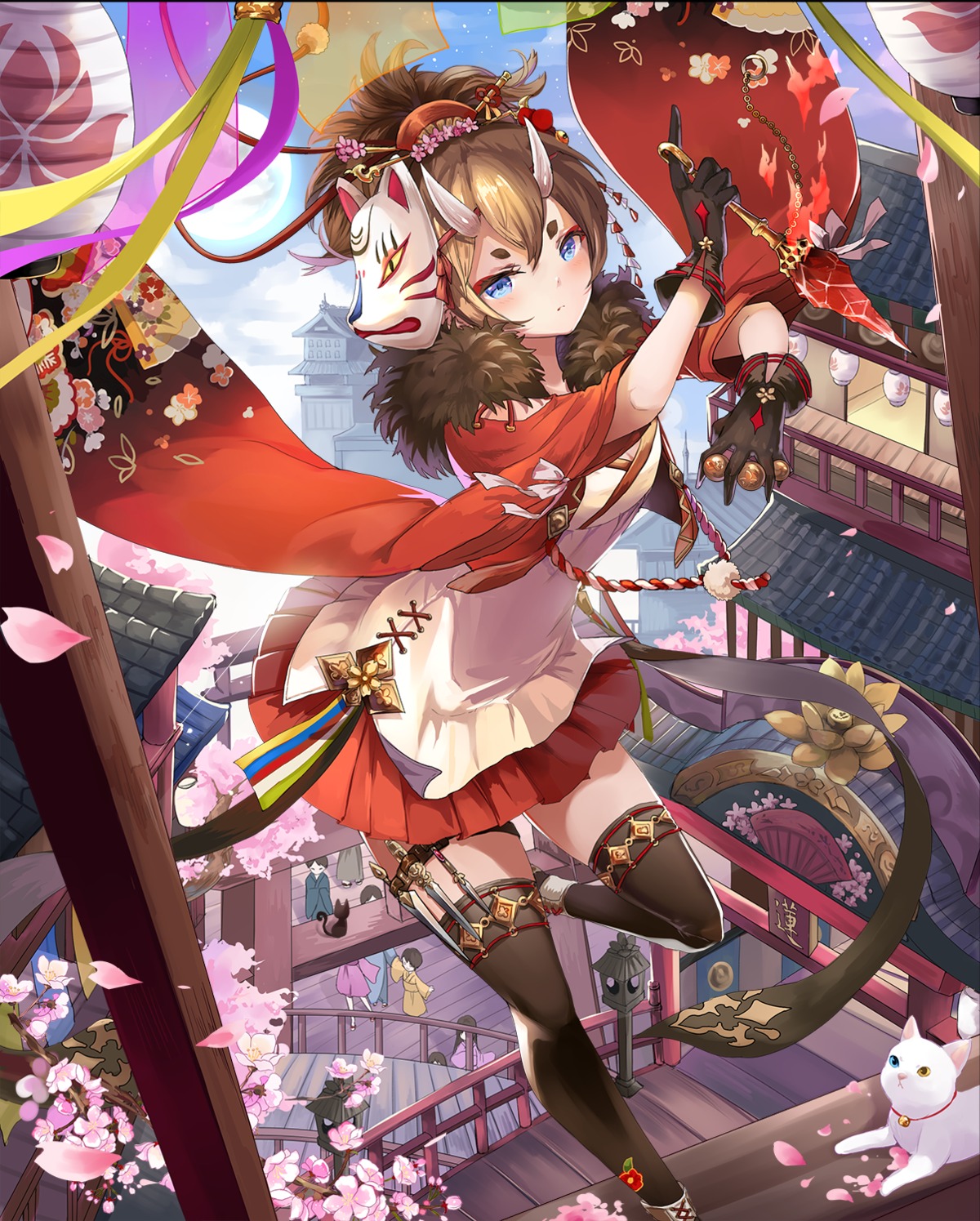 garter heterochromia horns issign japanese_clothes neko ninja sapphire_sphere thighhighs weapon