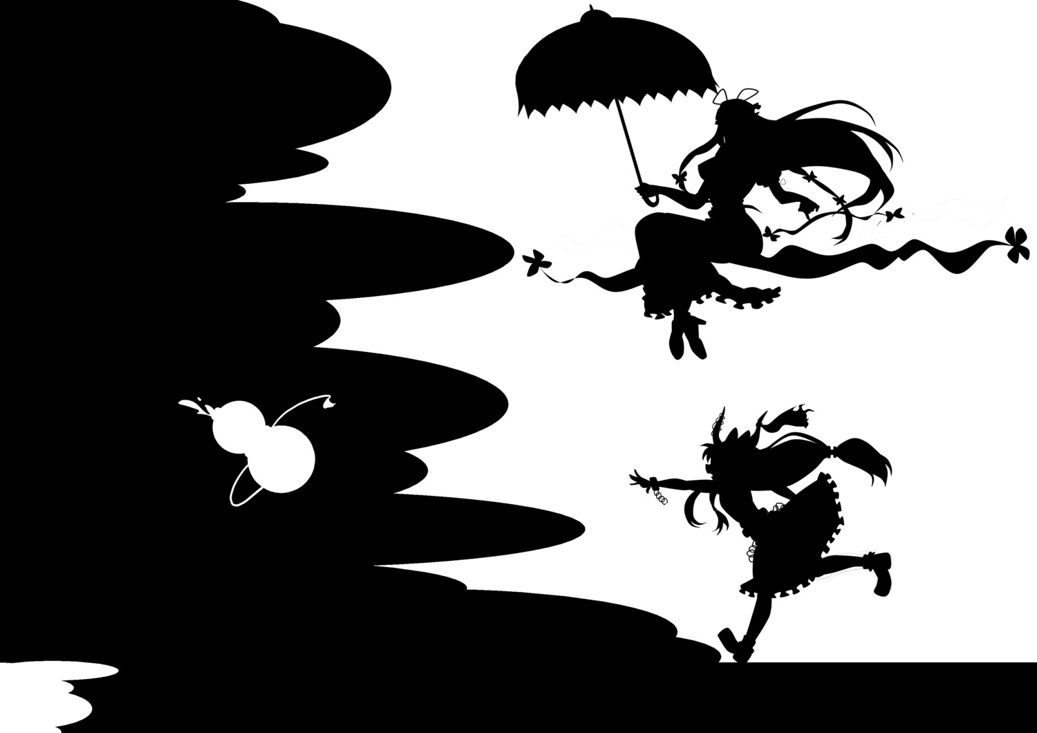 ibuki_suika kitazinger monochrome silhouette touhou yakumo_yukari